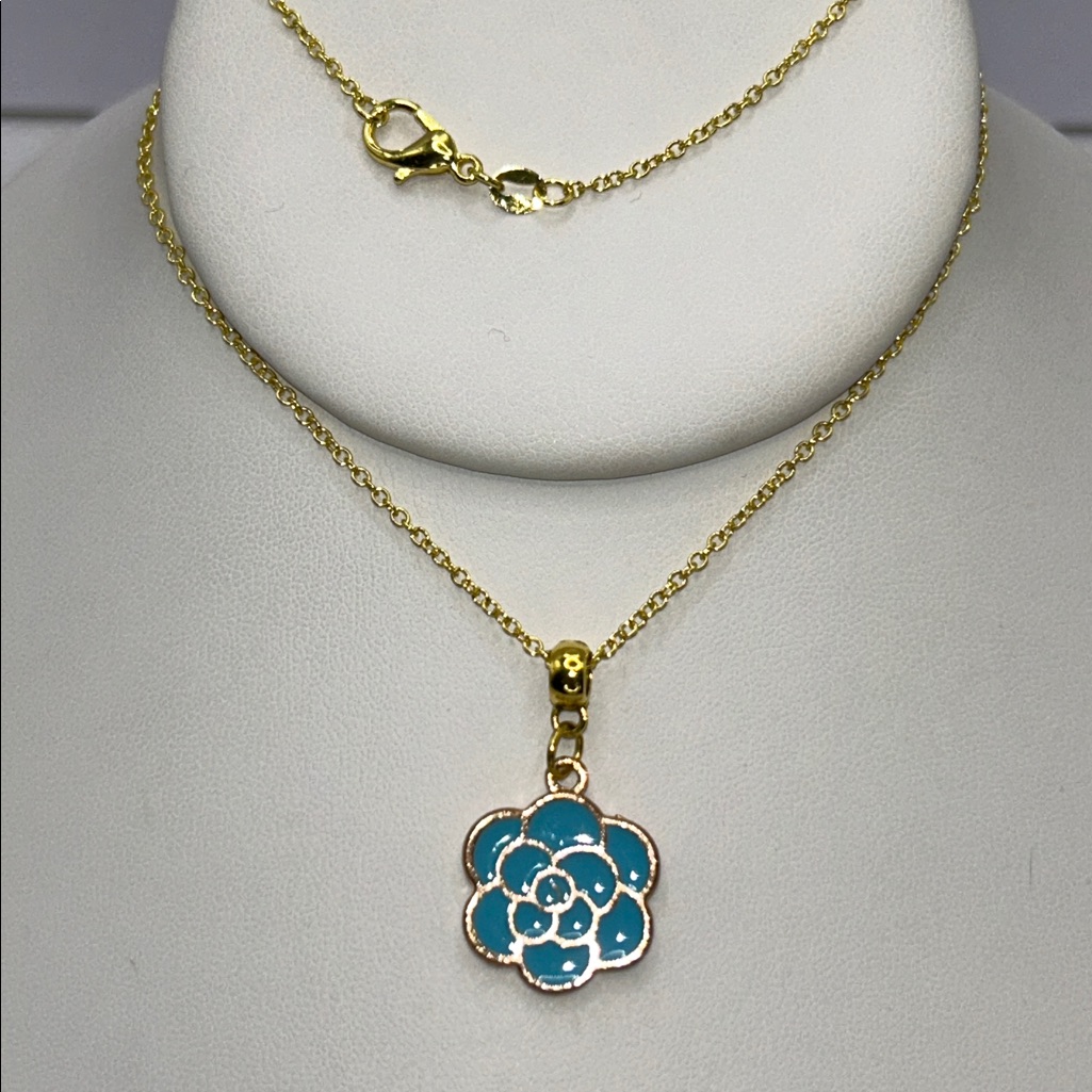 Artisan Handmade Gold Plated Sterling Silver Blue Enamel Flower Charm Necklace